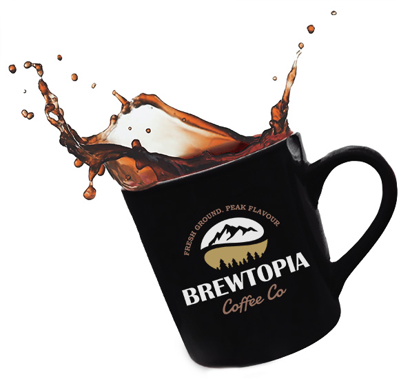 Brewtopia Coffee Co Logo on a cup of coffee
